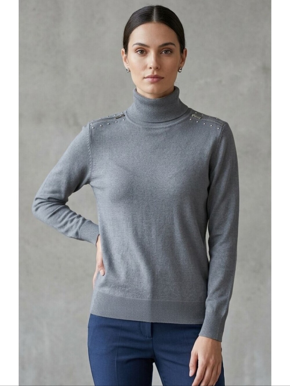 Retrology Turtleneck Sweater With Zipper detail on shoulders Blue Stone Size L